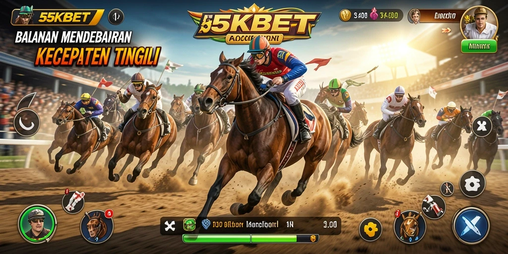 Screenshot dari gameplay 55KBET yang menampilkan balapan seru.