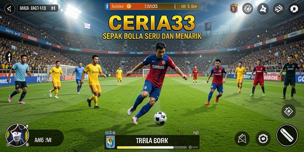 Tangkapan layar utama CERIA33 menampilkan aksi seru dalam permainan sepak bola.