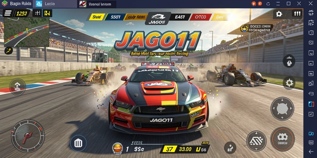 Tampilan gameplay JAGO11 dengan mobil balap yang cepat di lintasan yang menantang.