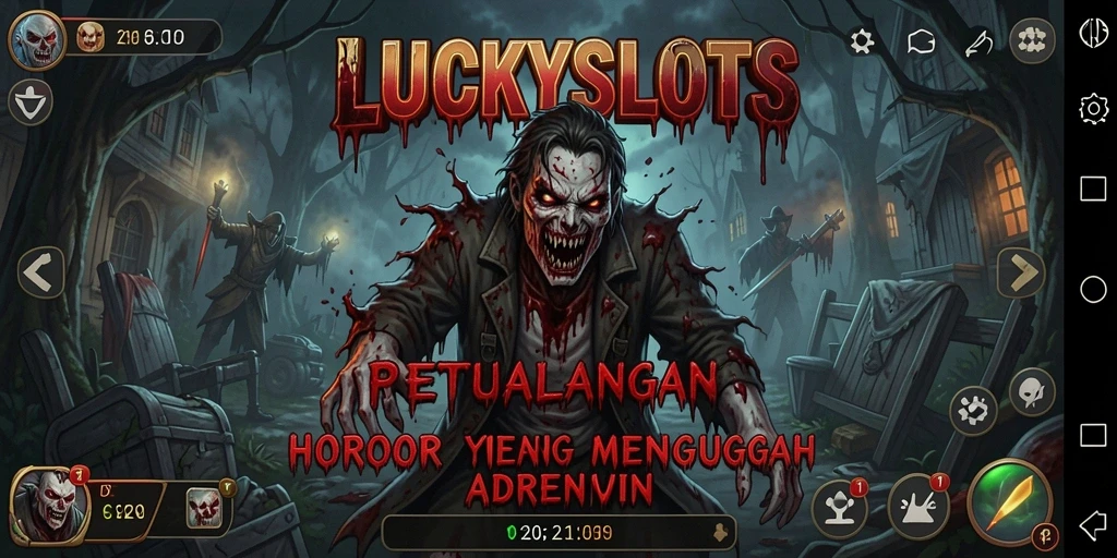 Screenshot LUCKYSLOTS menunjukkan karakter menyeramkan dalam suasana yang mencekam.