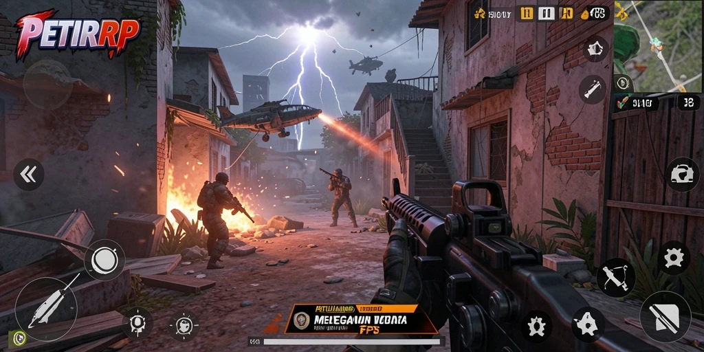 Screenshot utama menunjukkan aksi menegangkan dalam game FPS PETIRRP.