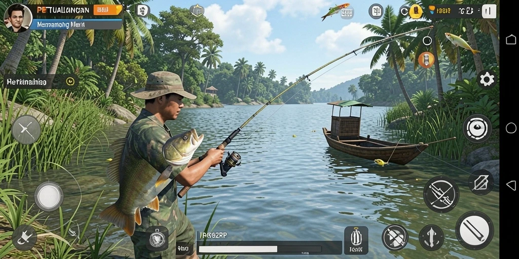 Gameplay RP62RP menunjukkan pemain menangkap ikan di lautan yang indah.